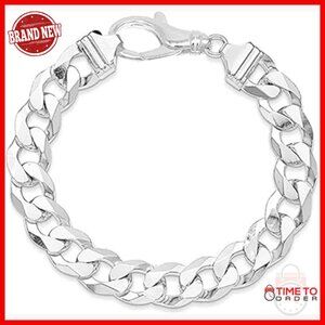Sterling Silver Curb Cuban Link Bracelet for Men, Solid 925, Lobster Clasp